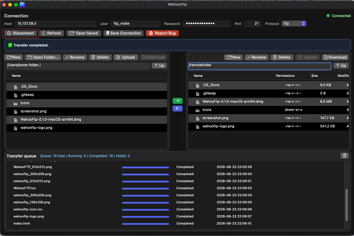 WahooFtp dual-pane interface with connection bar and transfer queue