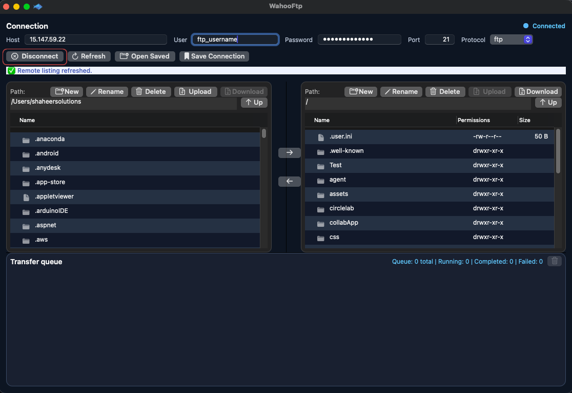 WahooFtp dual-pane interface with connection bar and transfer queue